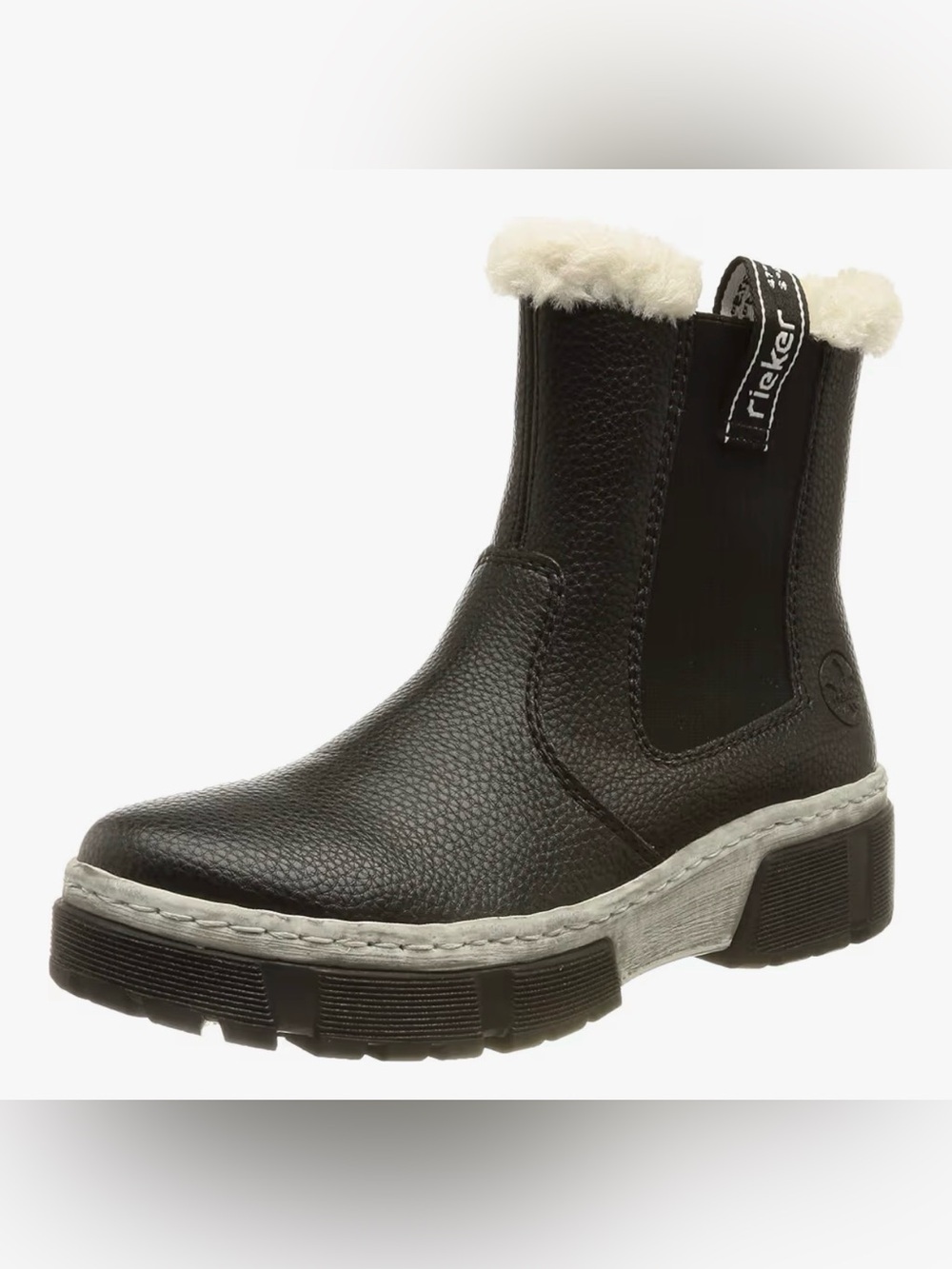 Rieker Black Ankle Boots with Cream Fur Trim - Picture 2 of 11